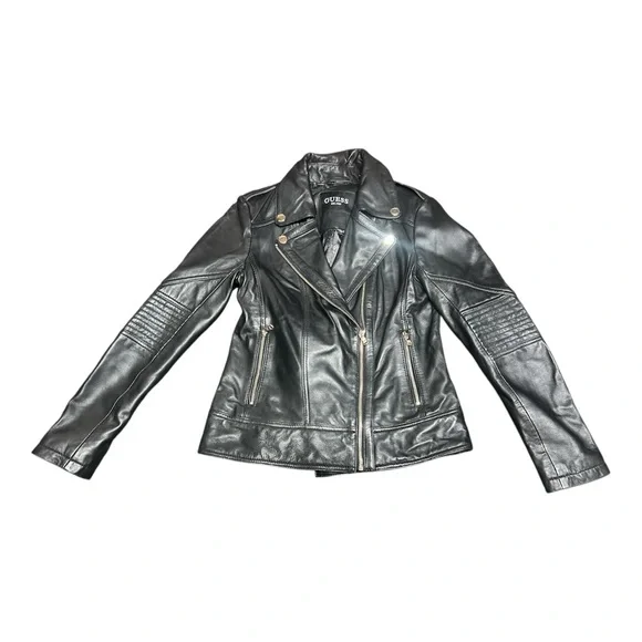 Guess Moto Black Leather Jacket with Asymmetrical Zipper Gold Ascents Size S/M - Picture 7 of 13